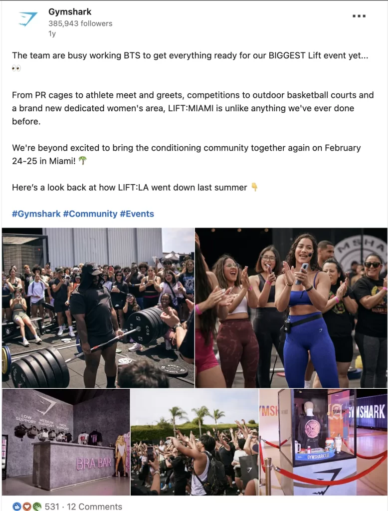 gymshark athletes and fans celebrating at a LIFT community event, showcasing how the brand connects with Gen Z and fitness culture